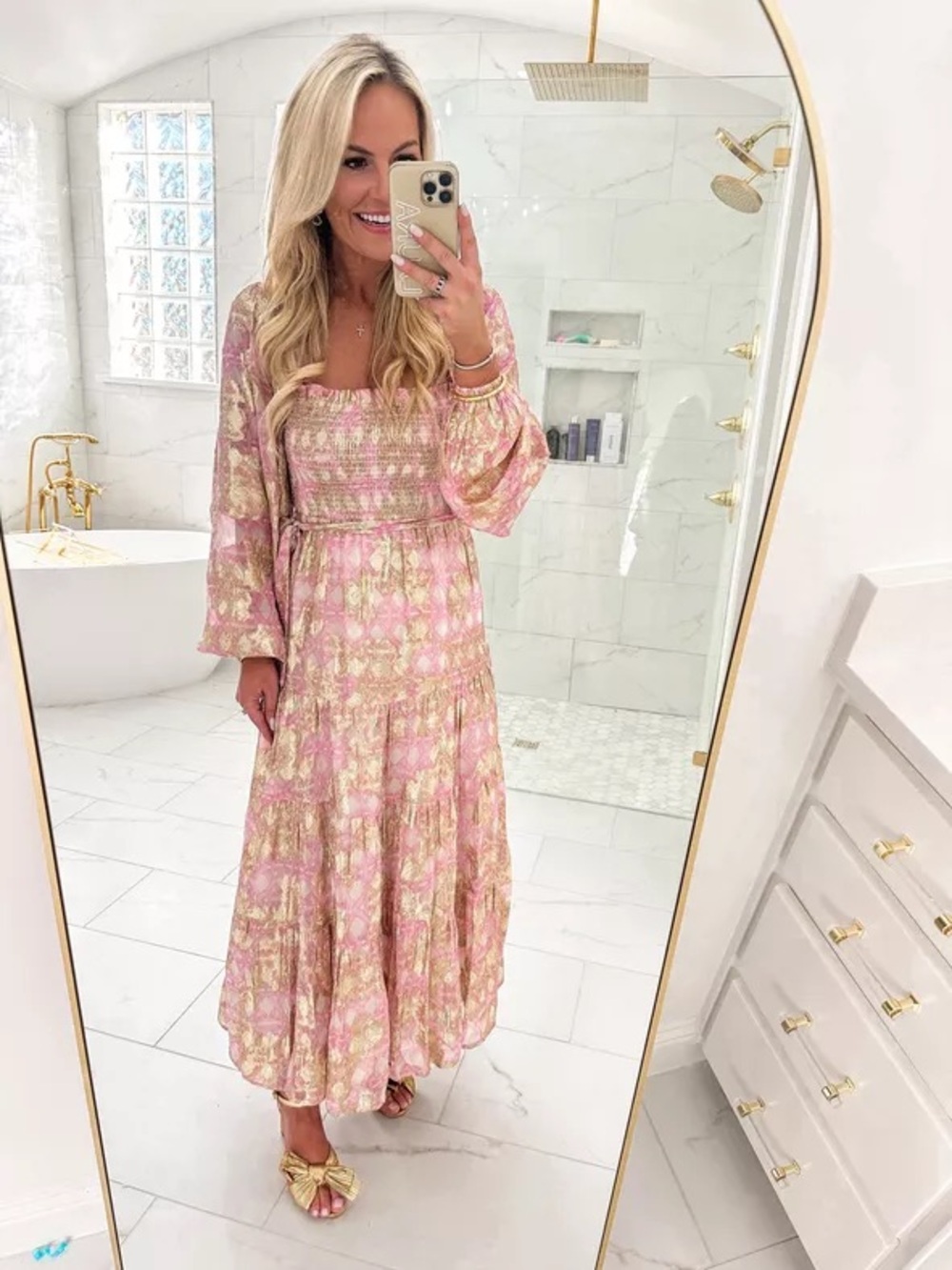 A Loves A Metallic Floral Smocked Maxi Dress Pink Gold Size Small NWT